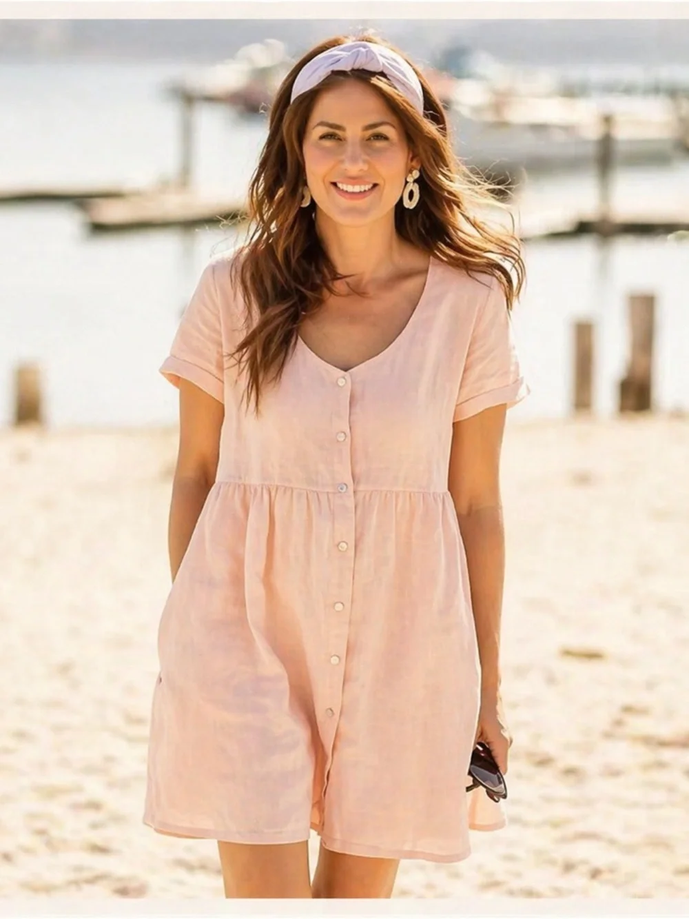 Jillian Harris x Priv Hamptons 100% Linen Blush Babydoll Dress L - Picture 10 of 10
